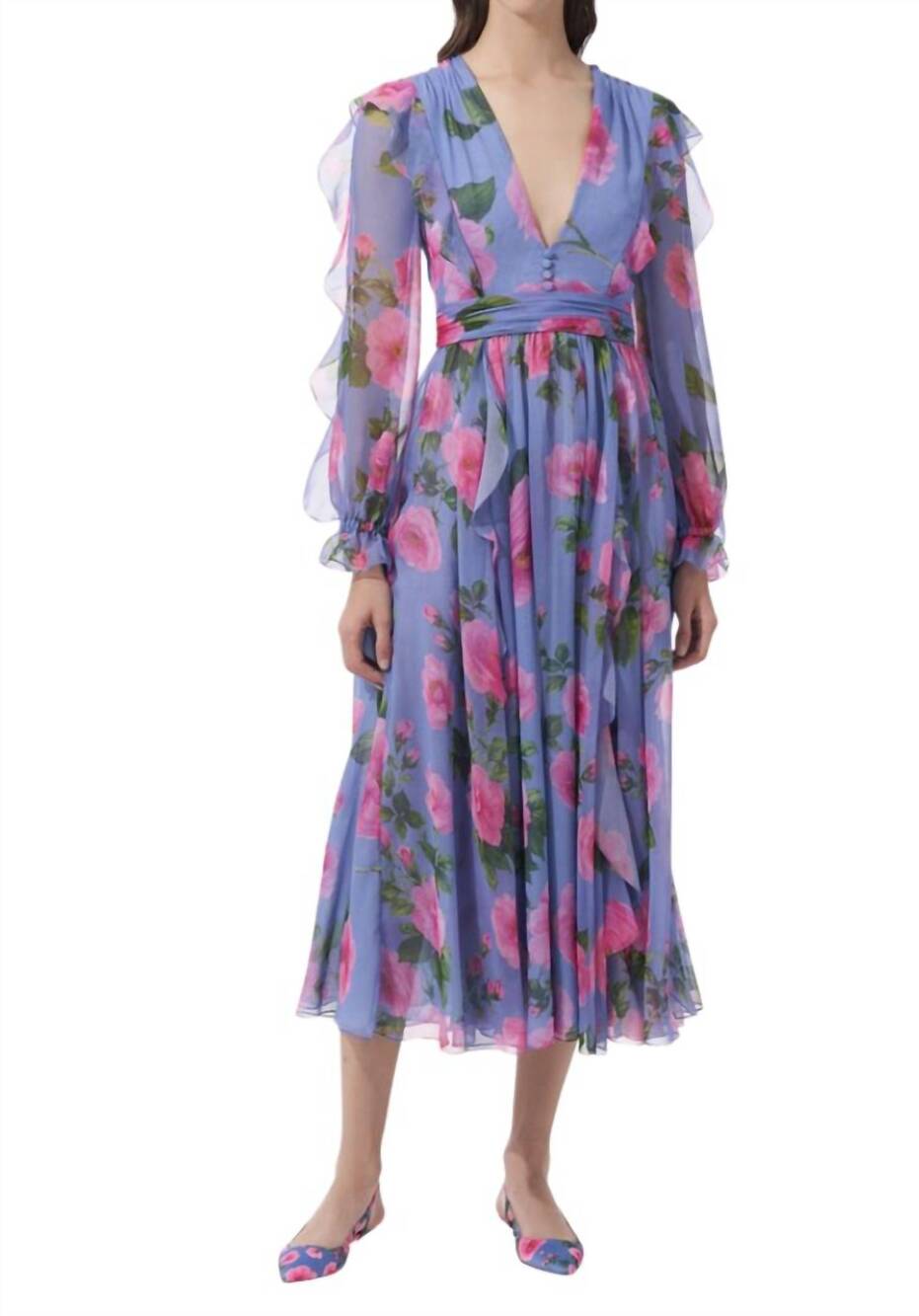 NEW CAROLINA HERRERA ruffle chiffon dress in delphinium